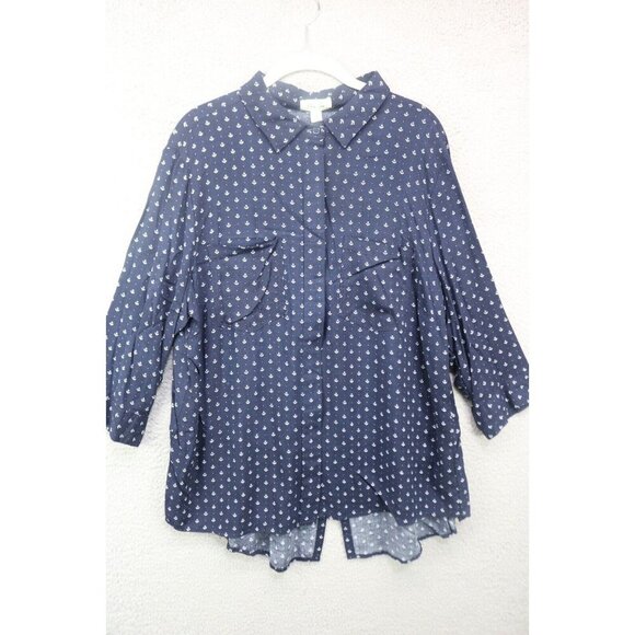 Per Se 3/4 Sleeve Nautical Button-Up Tunic-Size 1X-Soft-Anchors - Picture 1 of 11